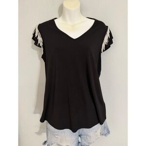 Adrianna Papell Black V Neck Beaded Fringe Sleeve Cap Sleeve Top Womens